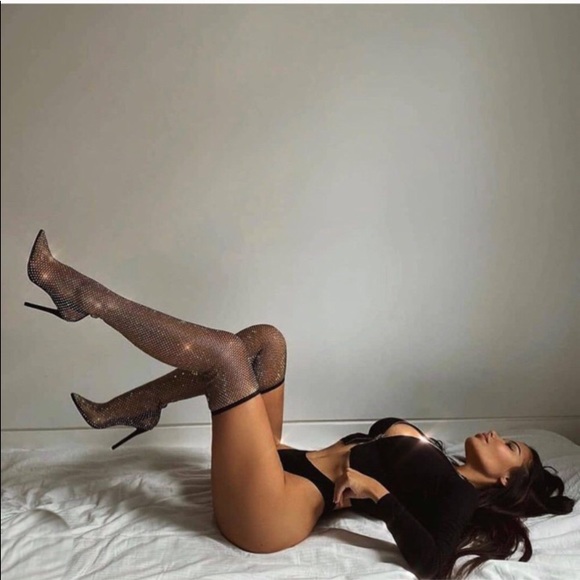 Embellished Fishnet Thigh Hi Boots - Picture 4 of 16